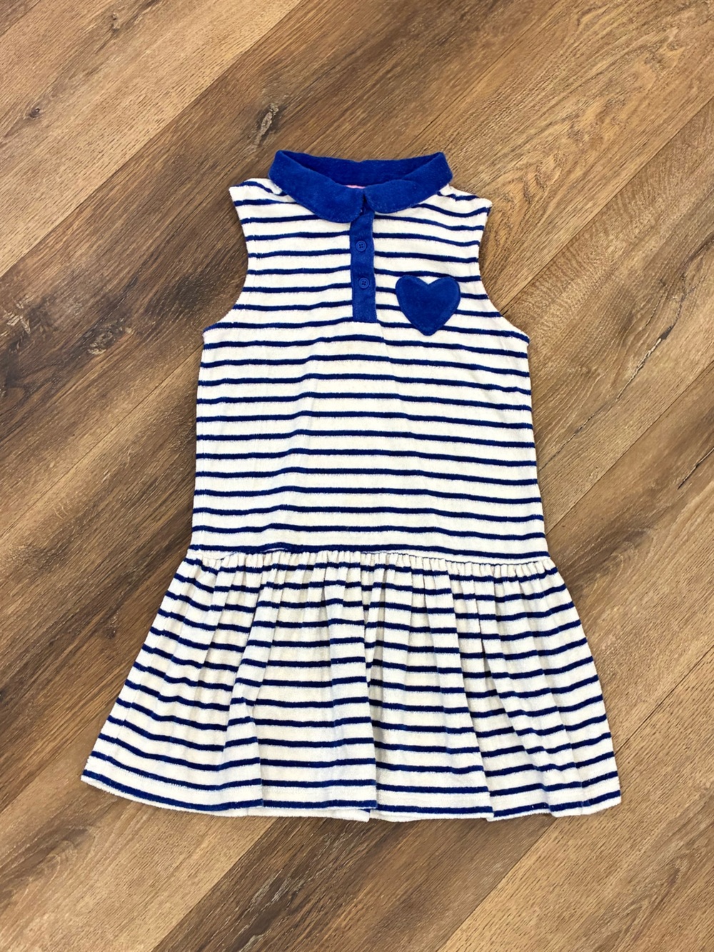 Mini Boden Blue Stripe Dress Heart Summer Terry Tennis Outfit 6/7 Girl